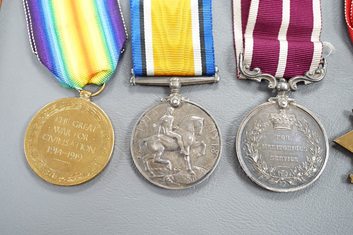 A First World War medal group to M2-048051 Pte. R.J. Million. R.A.S.C., comprising a medal trio with the Meritorious Service medal, together with a together with an unrelated medal ribbon bar. Condition - fair to good.